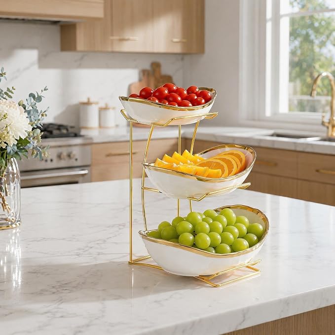 3 Tier White Ceramic Fruit Bowl with Gold Metal Stand, Modern Tiered Fruit Basket Rack for Kitchen Countertop, Large Storage Organizer for Fruit Vegetable Snacks Bread - Image 4