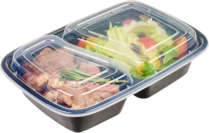 Asporto 32 Ounce Compartment Take Out Boxes, 50 Microwavable Meal Prep Containers - 2 Compartments, With Clear Plastic Lids, Black Plastic Food Containers, Do Not Contain BPA - Restaurantware - Image 11