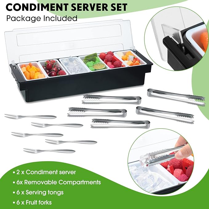 2 Pcs Garnish Tray with Lid for Bartender Condiment Caddy Removable Chilled Fruit Condiment Server with 6 Tong and 6 Fork for Serving Salad Bar Topping Organizer for Restaurant Supply(6 Compartments) - Image 3