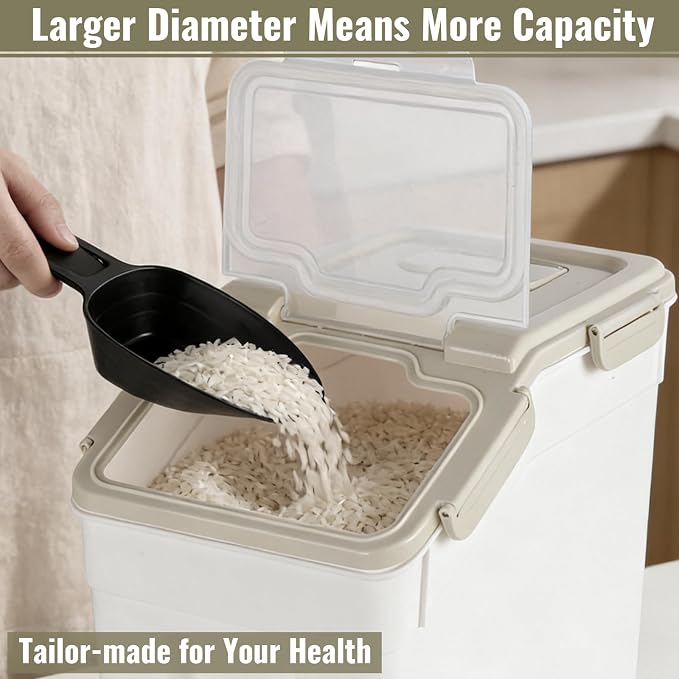 2 Pack Rice Container 25 lbs Large Bulk Flour Sugar Storage Holdhouse Plastic Grain Cereal Dry Goods Bin with Spoon and Measuring Cup for Kitchen Pantry Organization - Grey - Image 4