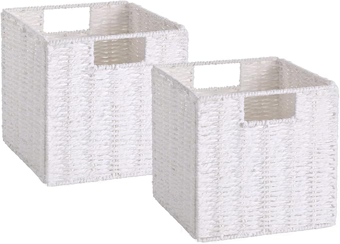 Wicker Baskets for Storage, Set of 4 Hand-Woven Wicker Storage Baskets for Shelves, Cube Storage Baskets Bins with Handles, Wicker Basket for Organizing Pantry Bedroom, White - Image 2