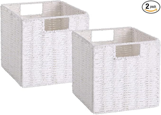 Wicker Storage Basket, Set of 2 Hand-Woven Storage Baskets for Organizing, Foldable Cube Storage Bins, 11 Inch Wicker Storage Baskets for Shelves and Decor, Square Closet Organizer, White by Vagusicc