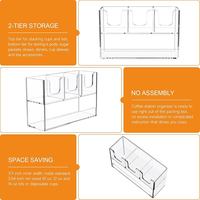 Beego 4-Compartment Cup Holder for Countertop - 2-Tier Clear Acrylic Cup Dispenser Coffee Station Paper Cup and Lid Organizer Condiment Storage for Restaurant Breakroom Kitchen Bar Accessories - Image 8