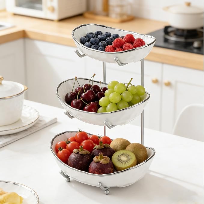 Fruit Bowl, 3-Tier Ceramic Fruit Bowl With Gold Metal Stand, Space Saving | Large Capacity, Decorative Design, Suitable For Kitchen, Dining Table, Party Display - Image 2