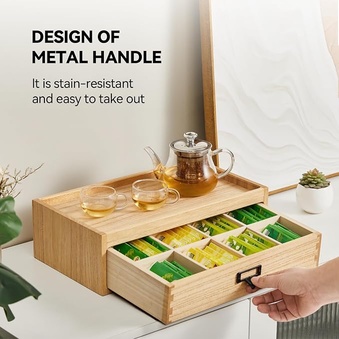 KIRIGEN Paulownia Wood Tea Storage Box, 8 Compartments, Natural CYG-NA | 8-Section Desk Cabinet Organizer with Metal Handle Stores Tea Bags, Sachets, Coffee Packets, Sugar, and Small Tea Accessories - Image 5