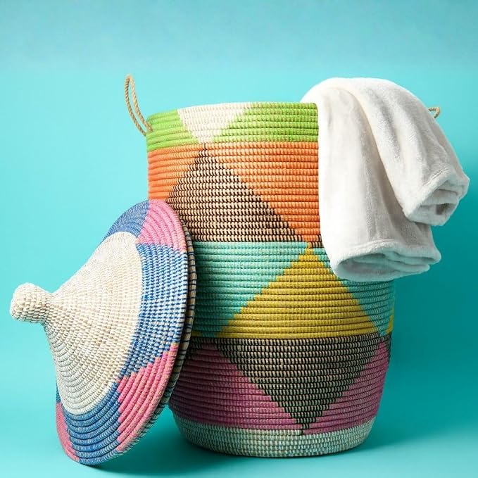 Colorful Triangles Wicker Basket for Laundry (Extra Large) by Senegalo
