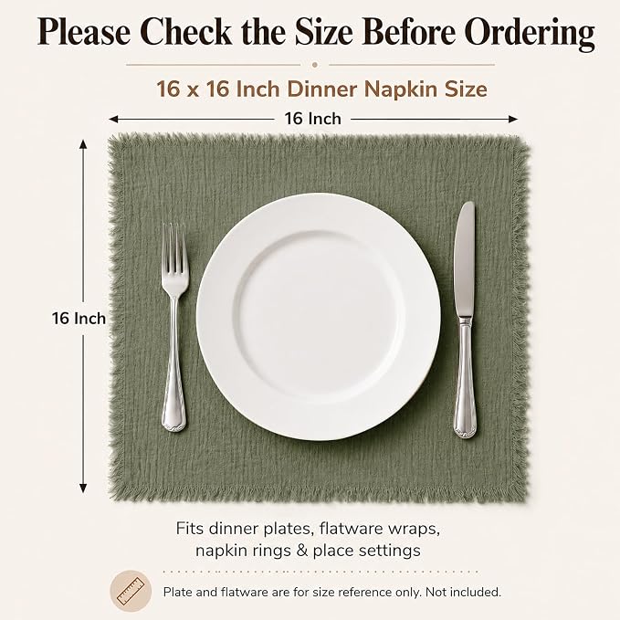 50 Pack Olive Green Cloth Napkins, 16 x 16 Inch Cotton with Fringe Settings | Handmade washable reusable cotton dinner napkins in bulk for weddings, parties, rustic boho table settings - Image 2