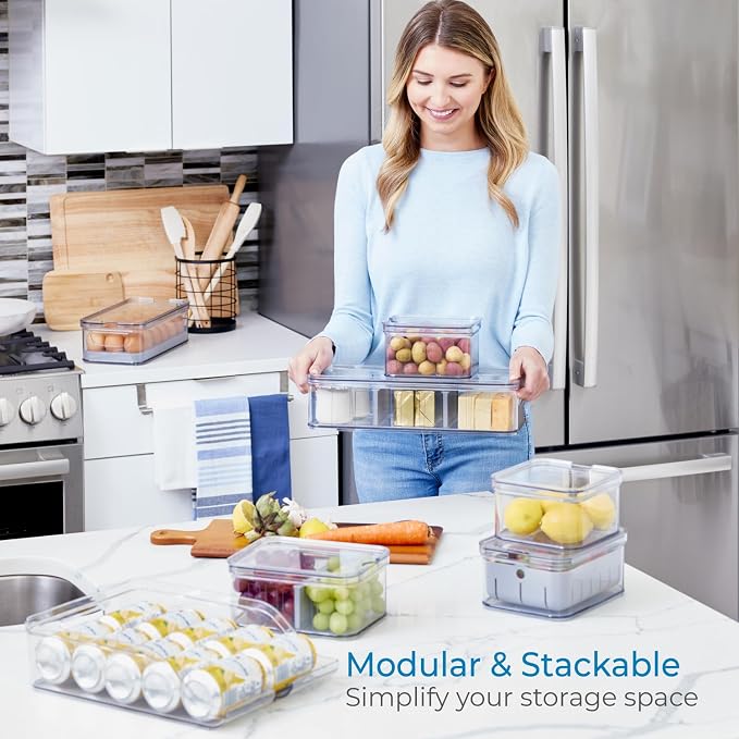 iDesign Crisp 7-Piece Recycled Plastic Refrigerator Organizer Bin Set | With Lids, Clear/Gray - Image 6