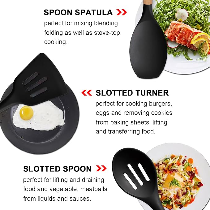 Silicone Kitchen Utensils Set of 6, Cooking Utensils Set with Heat Resistant Wooden Handle, Nonstick Silicone Spatula Spoon Turner Ladle, Cooking Kitchen Gadget for Cookware & Baking BPA FREE - Image 5