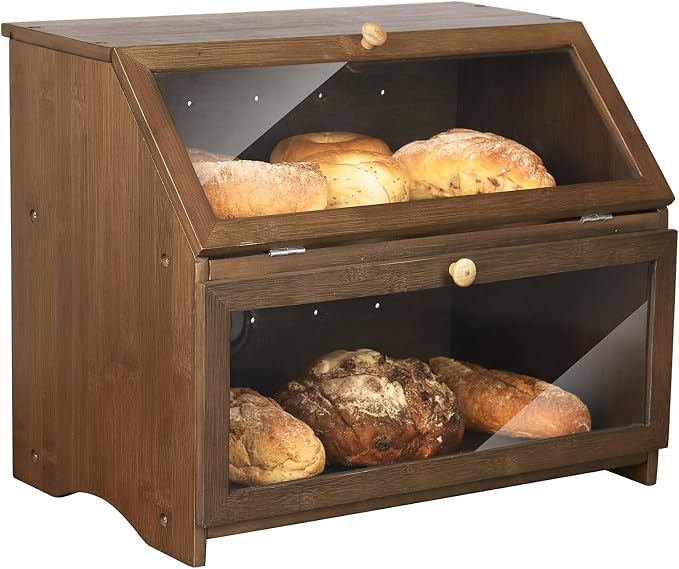 HOMEKOKO Double Layer Bread Box, Wooden Bread Storage Bin, Brown | Keeps Bread Fresh 3-4 Days, Large Capacity Fits 2+ Loaves, Suitable For Home Kitchen Food Storage Use, See-Through Window by HOMEKOKO