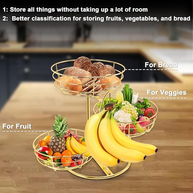 Livabber Fruit Basket Bowl with Banana Hanger, Fruit Vegetable Storage Basket with Banana Tree Holder for Kitchen Counter, Detachable Organizer for Bread Snack Produce (Gold, 3-Tier Metal Base) - Image 4