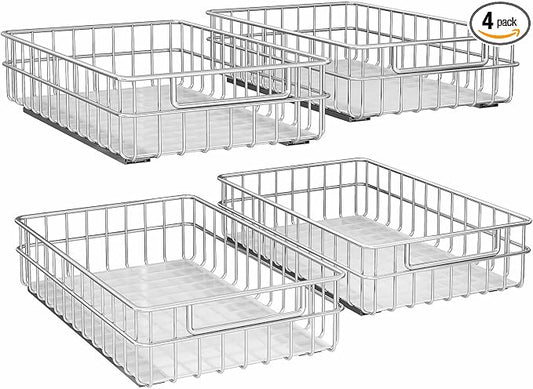 Pull out Cabinet Organizer, Stainless Steel 4-Pack (11.8"W x 21"D) Full-Extension Slide out Drawer, Adhesive Roll out Can Spice Storage Basket Shelf Rack for Pantry, Kitchen, Bathroom, Home Closet by Kitstorack