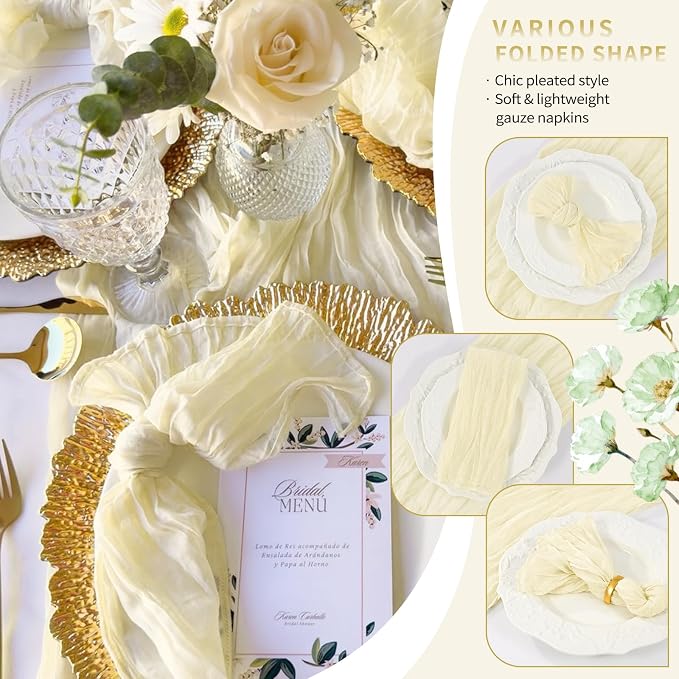 100 Pack Beige Cheesecloth Napkins 20"x20" Boho Washable Cloth Napkins Set of 100 Wrinkled Cheese Cloth Napkins Gauze Dinner Table Napkin for Wedding Party Baby Shower Birthday Decor - Image 6