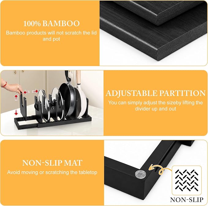 MinBoo Bamboo Expandable Pot Lid Organizer, Pot and Pan Organizer Drawer Organizer for Pot Lids, Adjustable 10 U-Shaped Dividers for Kitchen Cabinet Organizers and Storage,Black - Image 4