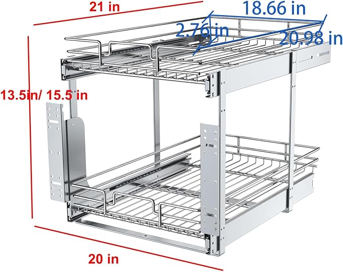 2 Tier Pull Out Cabinet Organizer, 20" W x 21" D Heavy-Duty Metal Sliding Drawer Shelf for Kitchen Cabinets, Chrome, Doesn't Include Door Fittings - Image 2