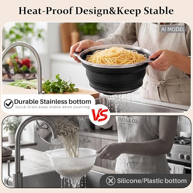 Collapsible Colander Set with Silicone Mat,2-in-1 Stainless Steel Colander for Kitchen, Foldable Metal Colander, Space-Saving for Pasta Veggies Fruit(Black) - Image 3