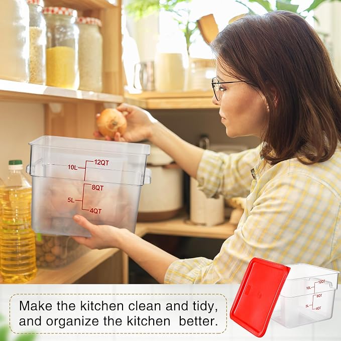 2 Pcs Square Food Storage Container Polycarbonate Clear Food Container with Lid Commercial Rice Storage with Graduations for Commercial Kitchen(12 Qt,Red) - Image 5