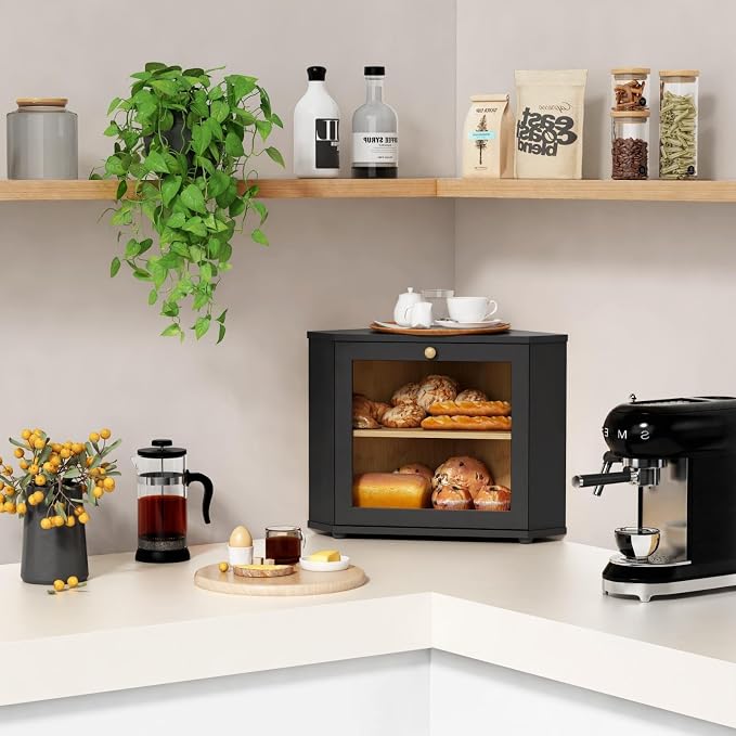 Goozii Corner Bread Box for Kitchen Countertop, Black Bread Storage Container for Homemade Bread, Two Layer Breadbox under Cabinet Mount, Large Bread Holder for Kitchen Counter, Pantry Shelf - Image 2