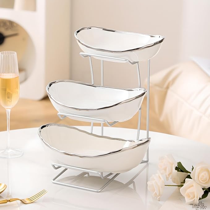 Gold Silver Fruit Bowl with Metal Stand, 3 Tier Ceramic White Fruit Bowl Fruit Rack for Kitchen Counter, Tiered Fruit Basket for Snacks Bread Candy Storage (White B (Smooth Surface)) - Image 4