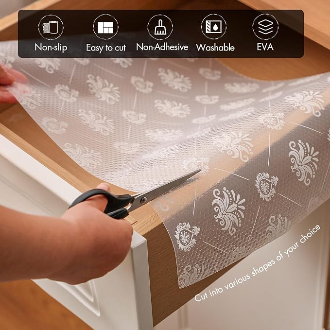 Cooyes Shelf and Drawer Liners for Kitchen Cabinets, Non-Adhesive Cabinet Liners, EVA Waterproof Durable Shelf Paper for Refrigerator, Shelves, Cupboard with European Pattern, Easy to Cut - Image 5