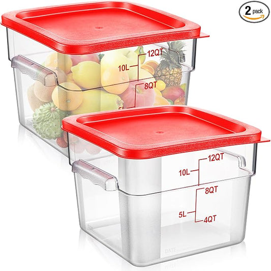 2 Pcs Square Food Storage Container Polycarbonate Clear Food Container with Lid Commercial Rice Storage with Graduations for Commercial Kitchen(12 Qt,Red) by Suclain