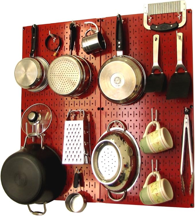 Wall Control Kitchen Pegboard Organizer Pots and Pans Storage Rack Organization Kit with Red Pegboard and White Accessories by Wall+Control