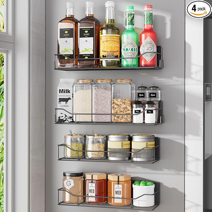 Magnetic Spice Rack for Refrigerator, 4 Pack Metal Strong Magnet Spice Organizer Shelves, Magnetic Fridge Shelf for Kitchen Seasoning Organizer Gadgets, Home Organization and Storage (Black) by IYEBAU