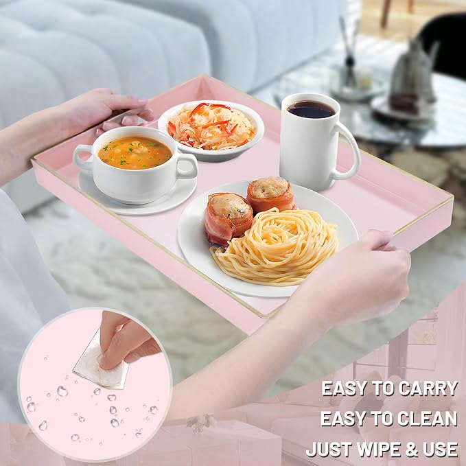 Pink Serving Tray with Handles, Plastic Decorative Tray Set of 2 | Pink Decorative Tray for Coffee Table, Modern Ottoman Tray, Rectangle Melamine Tray for Living Room, 15.8"L x 10.2"W x 1.4"H - Image 4
