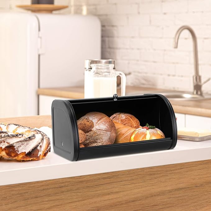 Metal Bread Boxes, Bread Box Storage Bin Kitchen Container with Roll Top Lid Iron Countertop Containers Metal Food Storage Bread Keeper Large Capacity Home Kitchen Counter (Black) - Image 9