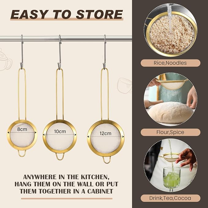Norme 3 Quart Stainless Steel Gold Colander Gold Fine Mesh Strainer, Stainless Steel Pasta Rice Food Metal Strainer with Handles, Easy Clean and Dishwasher Safe - Image 4
