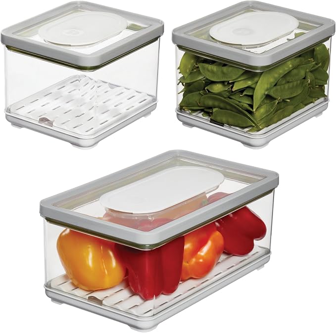 iDesign Small and Large Fridge Produce Bins with Removable Drainage Trays and Lids - Set of 3 - Gray by iDesign