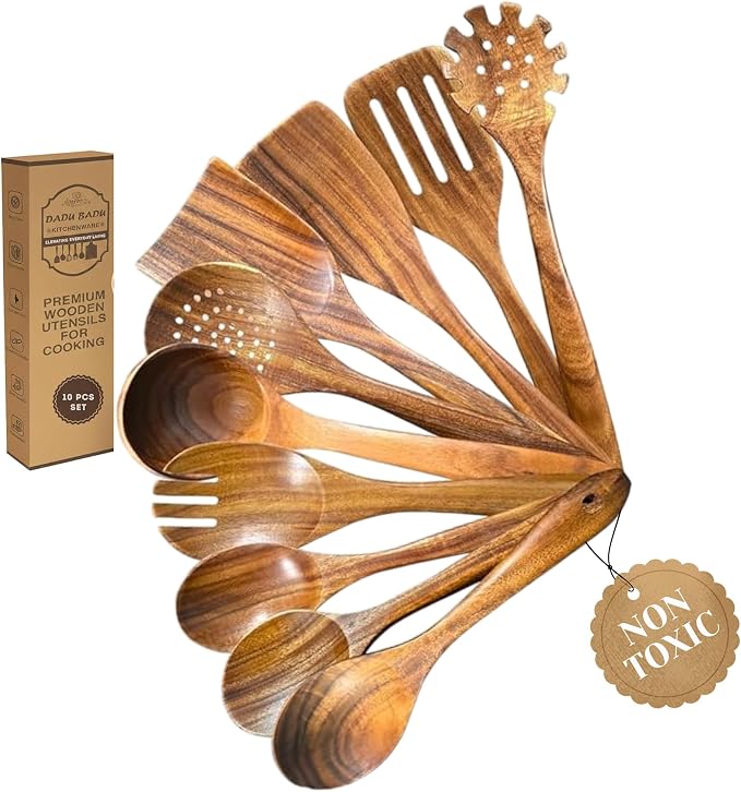 DADU BADU Teak Wooden Utensil Set of 10 – Non-Toxic Cooking Spoons & Spatulas for Nonstick Pans – Includes Pasta Spoon, Ladle, Skimmer – Premium Wood Kitchen Gift Set with Holder | Non-Toxic Cooking Spoons & Spatulas, for Nonstick Pans, Includes Pasta ... by DADUBADU