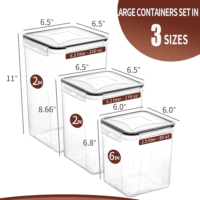 Skroam 10 Pack Flour Sugar Storage Containers, Large Airtight Food Storage Containers with Lids, BPA Free Kitchen Pantry Organization and Storage for Flour, Sugar, Bulk Food, Black - Image 2