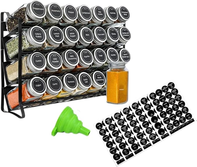 28-Jar Spice Rack Organizer with 4-Tier Metal Stand | Complete Set with Glass Jars, Labels & Funnel | Space-Saving Kitchen Spice Storage (Wall or Countertop Mount) by Unknown