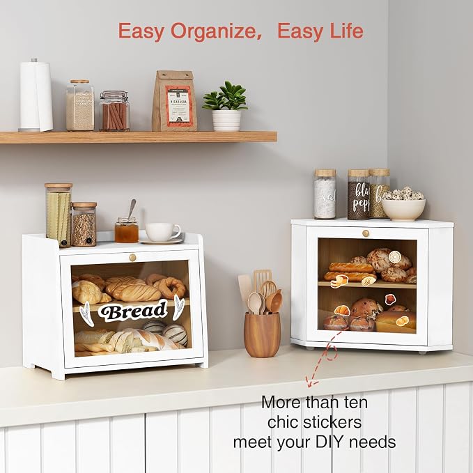 Goozii White Corner Bread Box for Kitchen Countertop, 2 Tier Breadbox for Sourdough Loaf, Modern Bread Storage Container for Island Counter Top Organizer, Cabinet Cupboard Pantry Shelf (Bamboo Wood) - Image 5