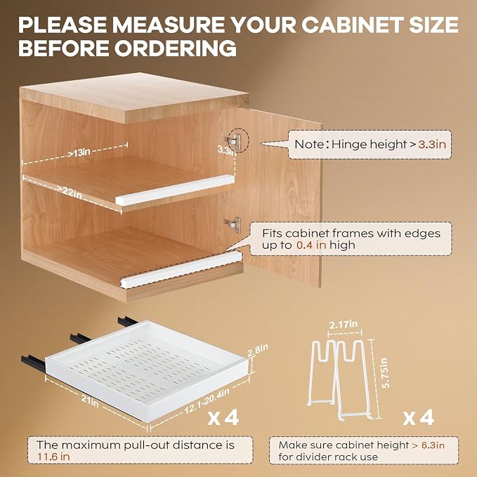 Seinloes 4 Pack Pull out Cabinet Organizer 21"Deep with Raising Pad for Framed Cabinets, Expandable Slide out Drawers for Kitchen Cabinets with 4pcs Divider Racks, Roll out Shelves 12.1"-20.4" W White - Image 4
