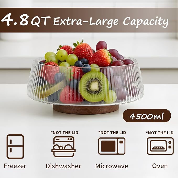 Extra Large Glass Salad Bowl Set, 4.8Qt Mixing Bowl with Acacia Wood Lid, Base and Salad Serving Utensils, Ribbed Serving Bowl Trifle Bowl, Practical Salad Bowls for Kitchen,Parties,Christmas - Image 4