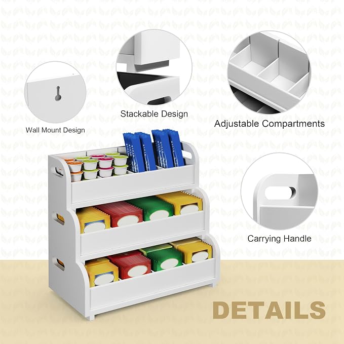 3-Tier Bamboo Tea Bag Organizer, Stackable Tea Holder for Countertop, White | Tea Box Shelf with Removable Dividers, Wall Mount Large Capacity Tea Organizers and Storage for Pantry Kitchen Office Bar - Image 5