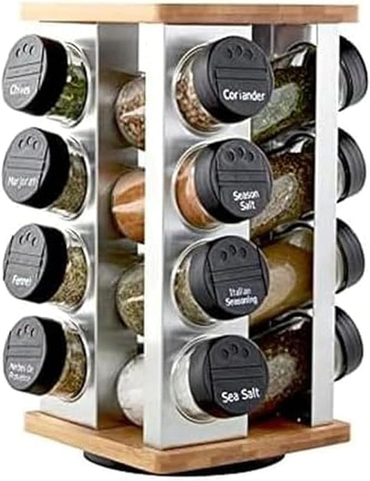 Kamenstein 16 Jar Warner Revolving Countertop Spice Rack Organizer with Lift & Pour Caps and Spices Included, FREE Spice Refills for 5 years, Stainless Steel & Bamboo with Black Caps by Kamenstein