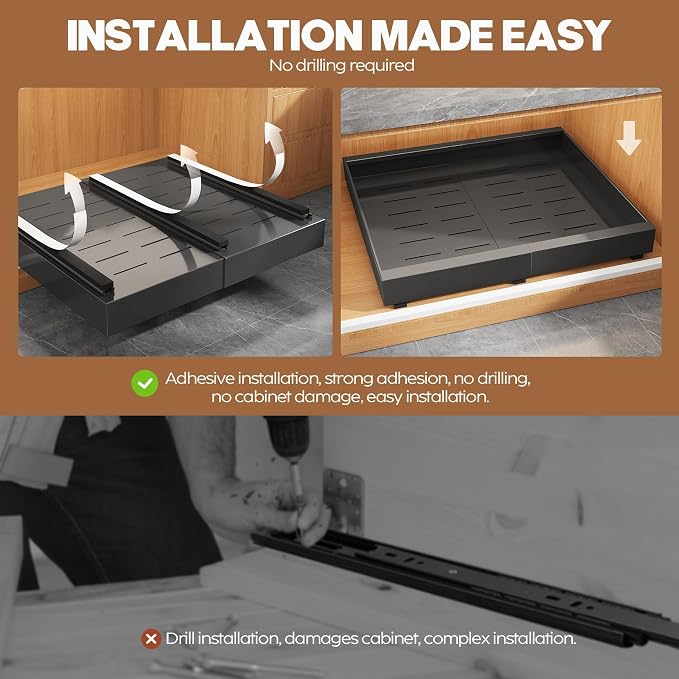 Seinloes 2 Pack Expandable (15.1"-26.3") Pull Out Cabinet Organizer 21" Deep With Raising Pad for Framed Cabinets,Upgrade 3 Slide Rails Slide Out Drawers,No Drill Roll Out Shelves Adhesive,Black - Image 6