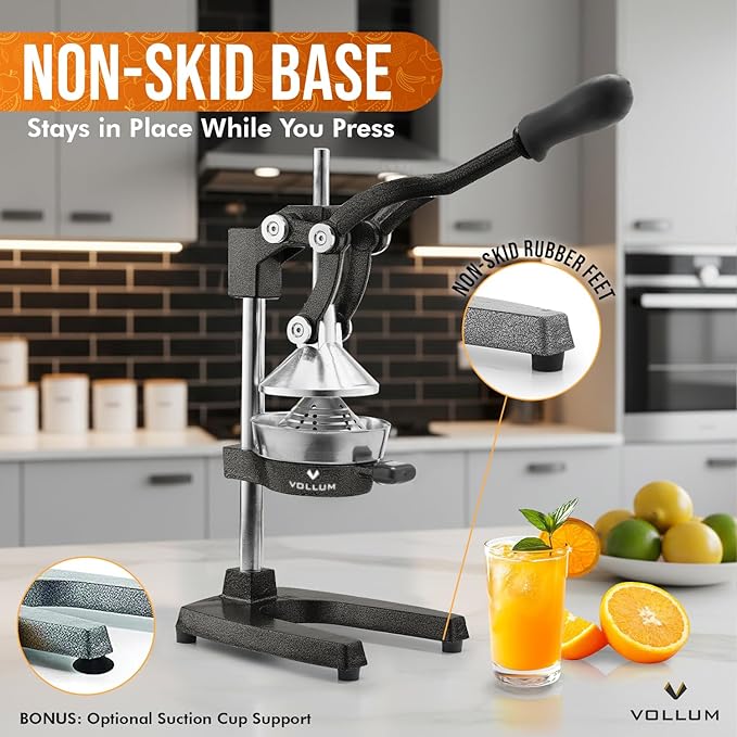 Manual Fruit Juicer,Commercial Grade Home Citrus Lever Squeezer for Oranges, Lemons, Limes, Grapefruits and More,Stainless Steel and Cast Iron,Non-skid Suction Cup Base,15 Inch,Black,by Vollum | Commercial-grade press for oranges, lemons, limes, and gr... - Image 4
