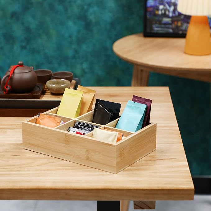 Maitys 4 Pcs Bamboo Divided Storage Organizer Bamboo Container with 6 Compartments Food Storage Bin Wooden Tea Drawer Box Bin Holder Case for Snacks Tea Bags Coffee Sugar - Image 3