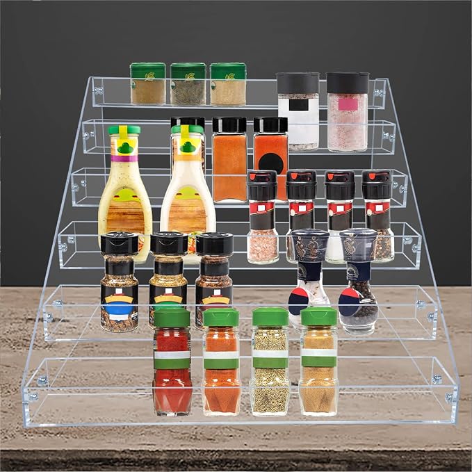 PMMASTO Tiered Spice Rack, Seasoning Organizer, Clear Acrylic Vertical Shelves Can Organizer for Countertop, Cabinet, Pantry, Kitchen Organization and Storage - 6 Tier - Image 6
