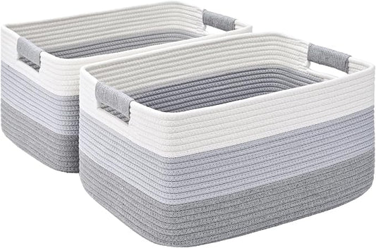 2 Pack Large Storage Basket for Organizing, 17.5"x13"x7" Woven Basket for Shelves, Closet Cube Storage Bins with Wrapped Handle, Cotton Rope Baskets for Kitchen, Clothes, Toys(Gradient Grey) by Degeyoyo