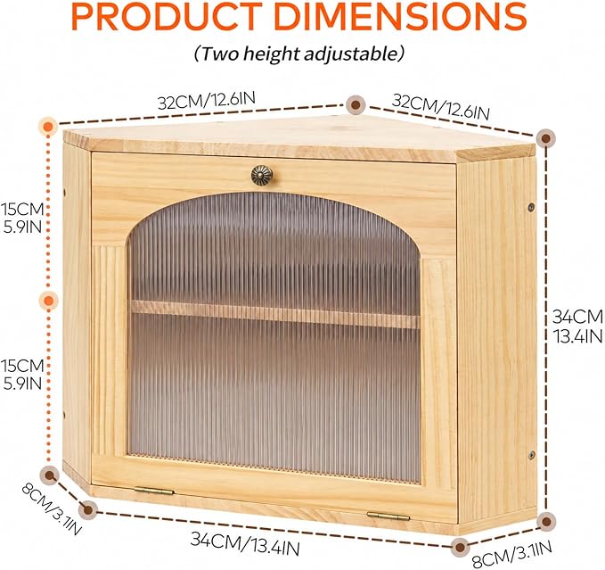 Corner Bread Box for Kitchen Countertop, Solid Wood, Natural | 2-Tier Large Capacity, Wooden Bread Box, Vintage Farmhouse Breadbox, Pine Wood, Bread Storage Container, Adjustable Shelf - Image 2