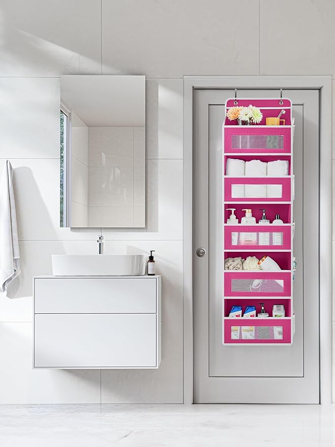 JARLINK Over the Door Organizer for Bathroom, 5 Shelf Rose Pink, 2 Pack | Anti-Tilt Design, 44 lb Load Capacity, Hanging Door Organizer with 5 Large Capacity Pockets, Behind Door Storage for Nursery - Image 2