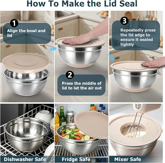 Stainless Steel Mixing Bowls with Airtight Lids,Non-Slip Nesting Bowls Set | 6.3,4.3,3.6,2.9QT,14Pcs Metal Bowl with Mixer Hole,Silicone Bottom,Grater Attachments and Kitchen Gadgets,for mixing,serving - Image 6