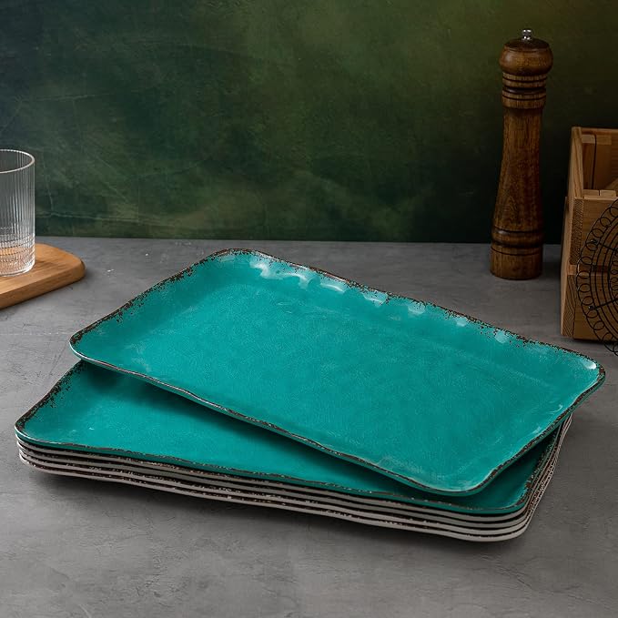 LEHAHA Vintage Melamine Serving Tray Set, Rectangular Large Serving Trays/Platters Set for Serving Food, BPA Free Food Serving Platters and Trays, Set of 2, 17.5"x 10", Teal - Image 3