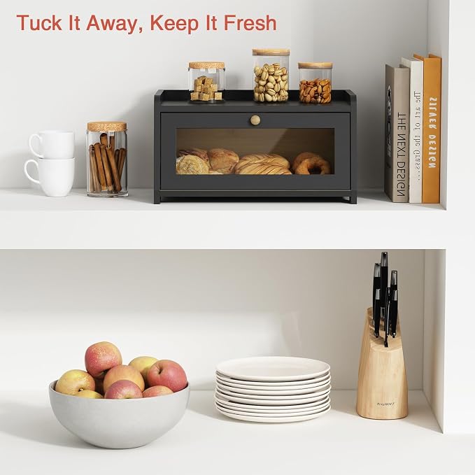 Goozii Black Bread Box for Kitchen Countertop, Small Vintage Counter Top Breadbox, Homemade Bread Storage Container for Sourdough Loaf, Farmhouse Wooden Corner Kitchen Counter Organizer for Cabinet - Image 2