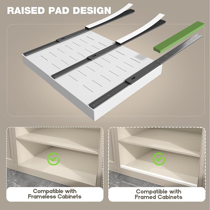 Seinloes 2 Pack Pull Out Cabinet Organizer 22" Deep,Full Extension 3 Slide Rails Slide Out Drawers With Raising Pad for Framed Cabinets,Expandable Width (15.4"-26.2"),No Drill Roll Out shelf,White - Image 2